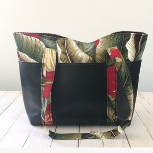 Handmade black red leather leaf print tote bag